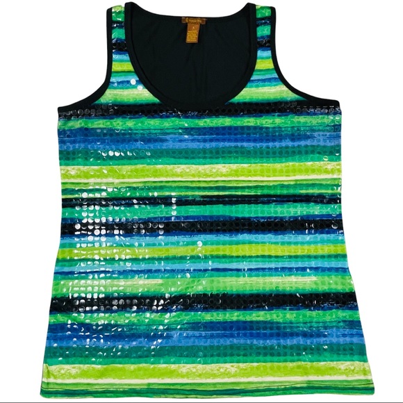 Copper Key size large blue & green striped tank top with shiny dots on front - Picture 1 of 8